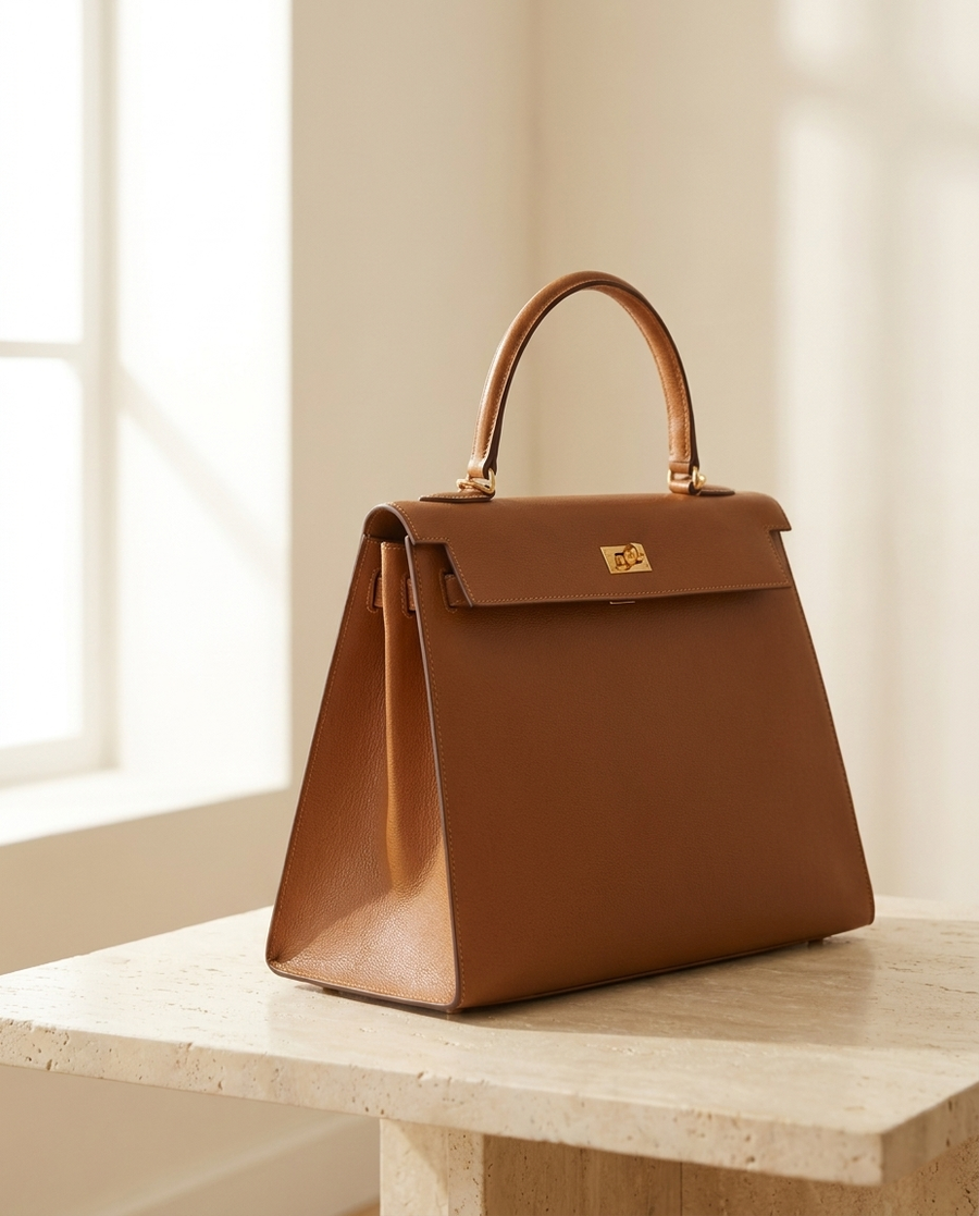 The Founders Collection — tan leather top-handle bag on stone