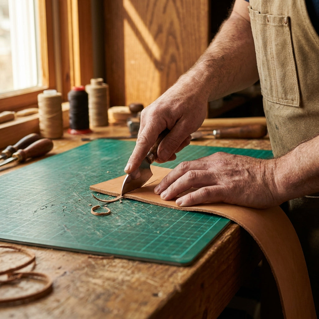 Cutting the leather by hand
