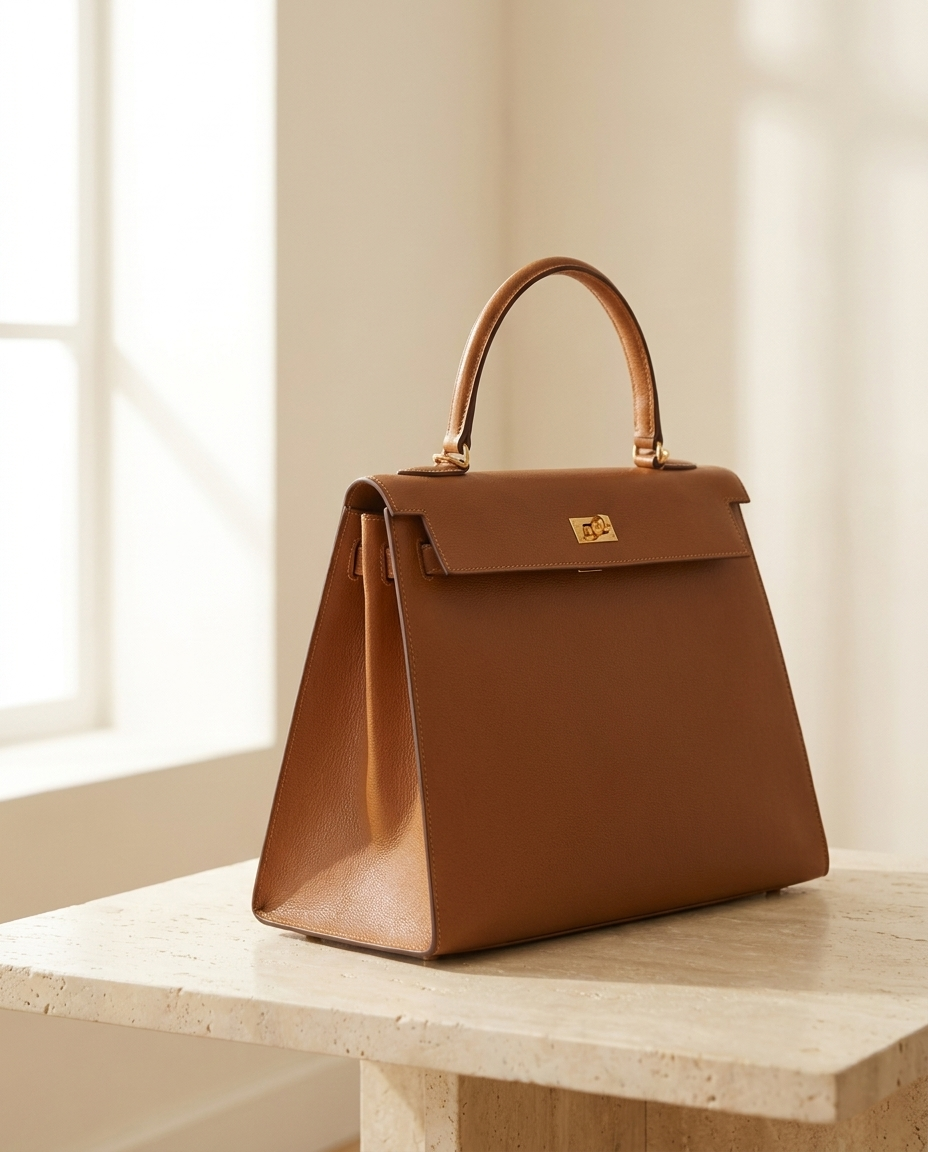 The Founders Collection — tan leather top-handle bag on stone